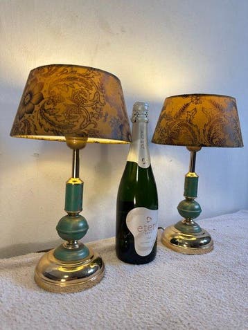Lampe de table (2) - turquoise-vert - Laiton, Acier, Textile, Antiquités & Art