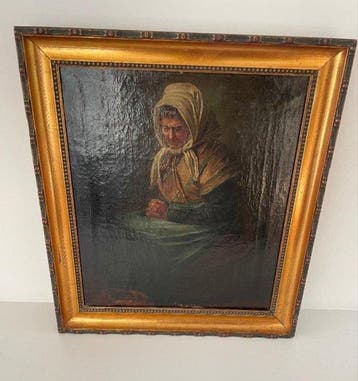 École belge (XIX) - Portret schilderij van een oude biddende, Antiek en Kunst, Kunst | Schilderijen | Klassiek