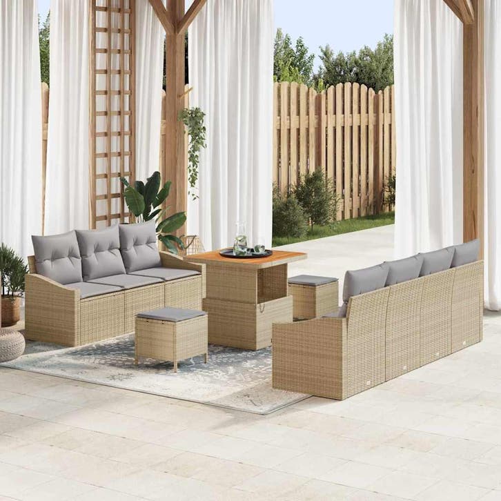vidaXL Tuinbank Set met kussen 10 pcs Beige poly rattan, Tuin en Terras, Tuinsets en Loungesets, Nieuw, Verzenden