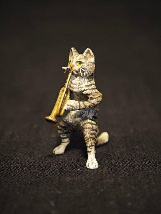 Fritz Bermann - Beeldje - Musician cat - Koud geverfd brons, Antiquités & Art, Antiquités | Céramique & Poterie