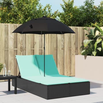 vidaXL Ligbed 2-persoons met kussens en parasol poly rattan, Jardin & Terrasse, Chaises longues, Verzenden