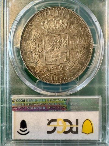België. Leopold II. 5 Francs 1875 PCGS AU58 (Zonder