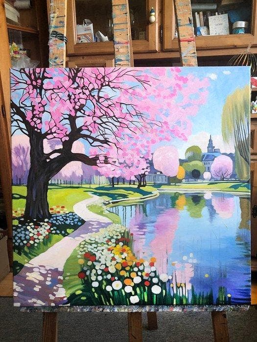 Bondero - Spring Blossom by the Lake, Antiek en Kunst, Kunst | Schilderijen | Modern