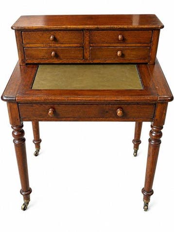 Bureau - Eik, Leder, metaalhandel - antiek schrijfbureau