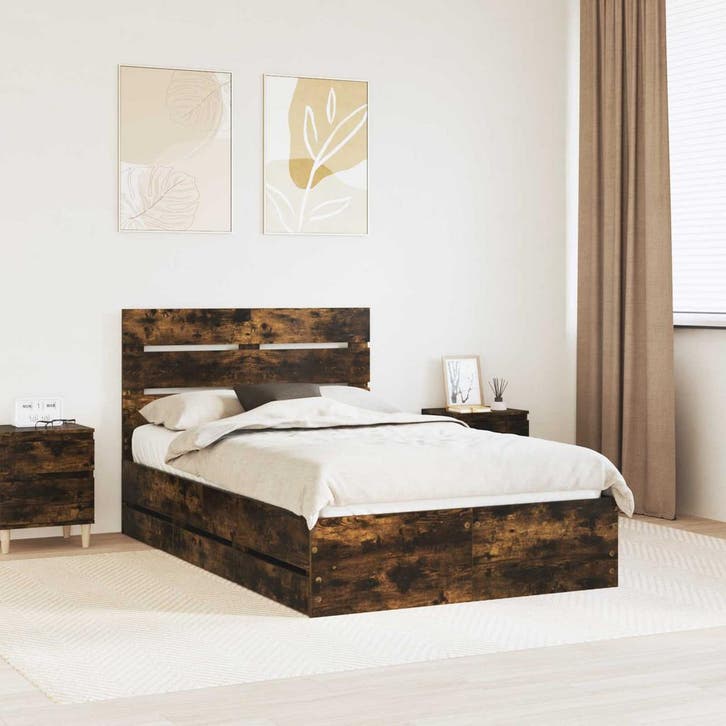 vidaXL Bedframe met lade Rook Eiken 120 x 190 cm, Huis en Inrichting, Slaapkamer | Bedden, Nieuw, Verzenden