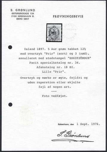 IJsland 1897 - Wapen van 3pir op 5a Groen - Certificaat, Gestempeld