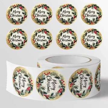 Sluitstickers kerstetiketten merry christmas hulstblad rond, Nieuw