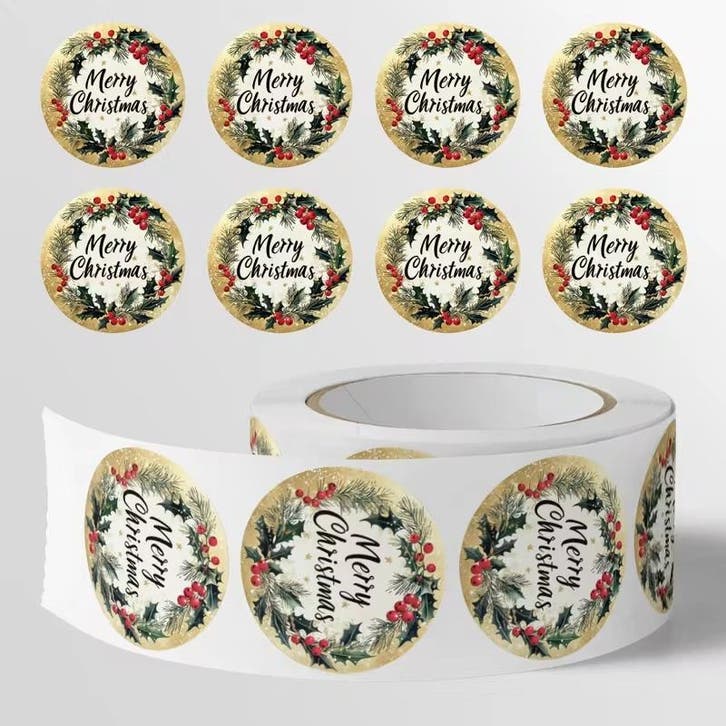 Sluitstickers kerstetiketten merry christmas hulstblad rond, Hobby en Vrije tijd, Knutselen, Nieuw
