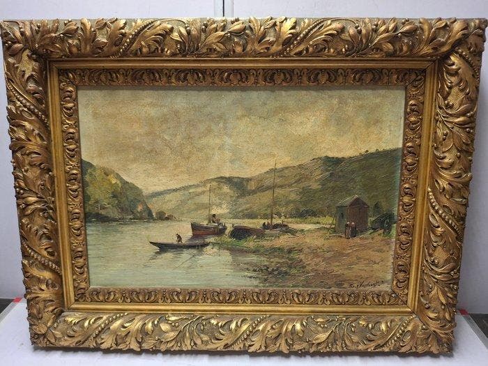 Franz Van Diest - Bootjes op de rivier, Antiquités & Art, Art | Peinture | Classique