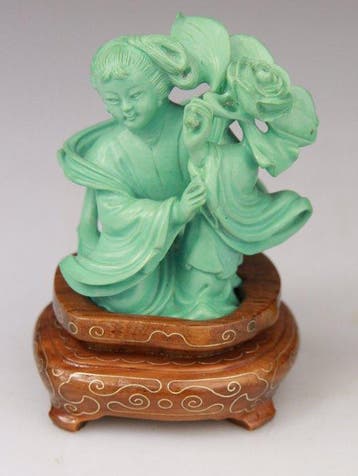 Statue Turquoise Sculpture Chinese Lady Carving Statue Stand