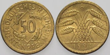 50 Rentenpfennig 1924 A Kleinmunten Weimarer Republik Wei..., Verzenden