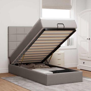 vidaXL Bed poef met matras en LEDs 90x200 cm stof taupe, Verzenden, Nieuw