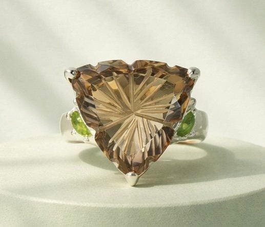 925 zilver - geslepen rookkwarts - peridot - Ring, Antiquités & Art, Curiosités & Brocante