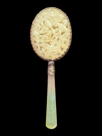 spiegeltje - Jade, Zilverbrons - China - Qing Dynastie