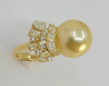 Bague - 18 carats Or jaune, Perle des Mers du Sud dorée, Handtassen en Accessoires, Ringen, Nieuw