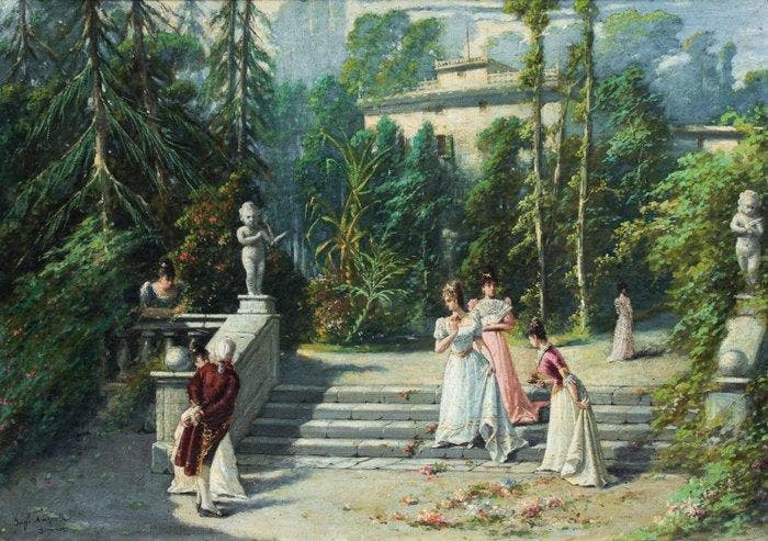 Guglielmo Napoli (Pavia 1868 – Genova 1945) - Scena galante, Antiquités & Art, Art | Peinture | Classique