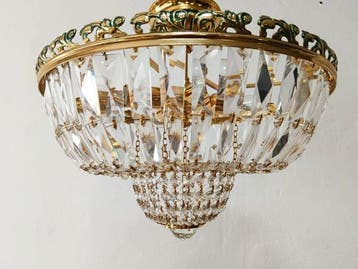 Plafondlamp - Vintage plafondlamp van messing en geslepen