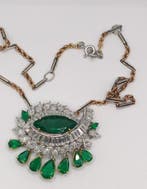 Hanger - 18 karaat Witgoud, Geel goud Smaragd - Diamant -