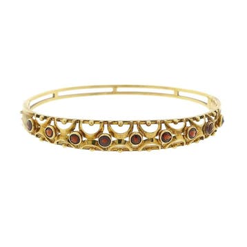 Vintage gouden slavenarmband met granaat; Maat M, Gebruikt, Ophalen of Verzenden, Met edelsteen, Goud