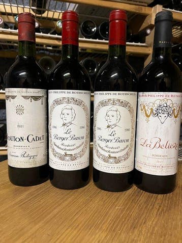 1981 Mouton Cadet 1986 x 2 Le Berger Baron & 1997 La Bélière, Verzamelen, Nieuw