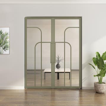 Dubbele stalen taatsdeur Olijfgroen 4 Vlaks rond Helder glas, Minder dan 80 cm, Overige typen, Nieuw, Metaal