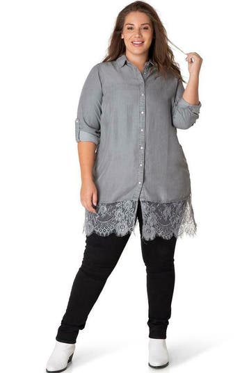 Blouse Yesta denim met kant rand maat 48, Verzenden, Nieuw