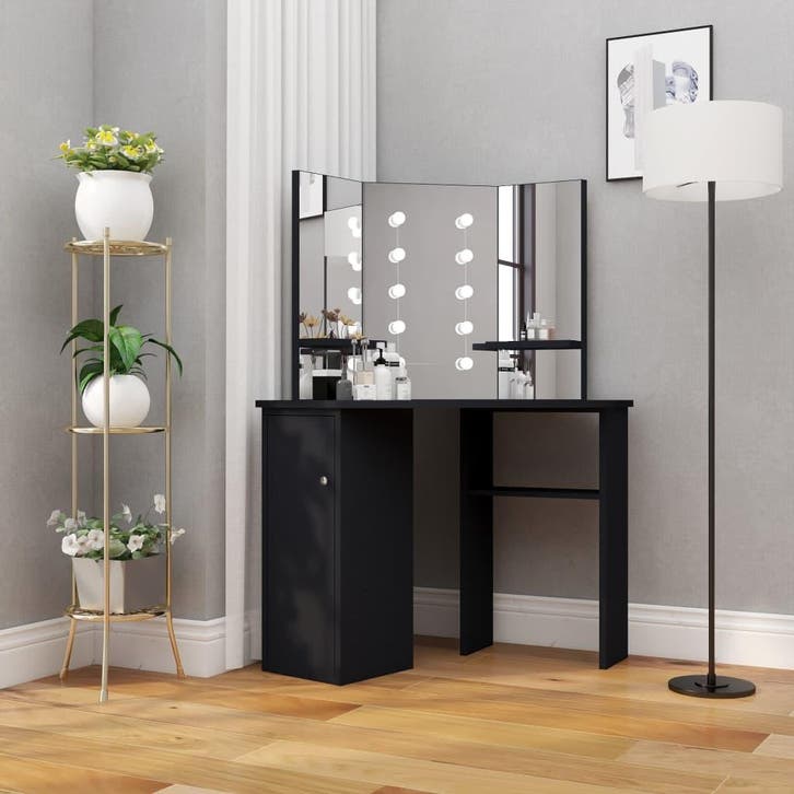 vidaXL Hoekkaptafel met LED 111x54x141,5 cm zwart, Huis en Inrichting, Tafels | Kaptafels, Nieuw, Verzenden