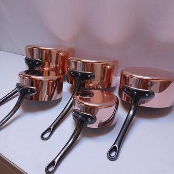 Fabrication Française Baumalu 5 casseroles cuivre étain, Antiquités & Art