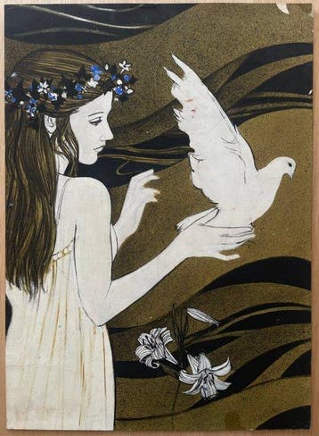 Yves Ganne (1931-2019) - La Jeune Fille à la colombe (vendu, Antiek en Kunst