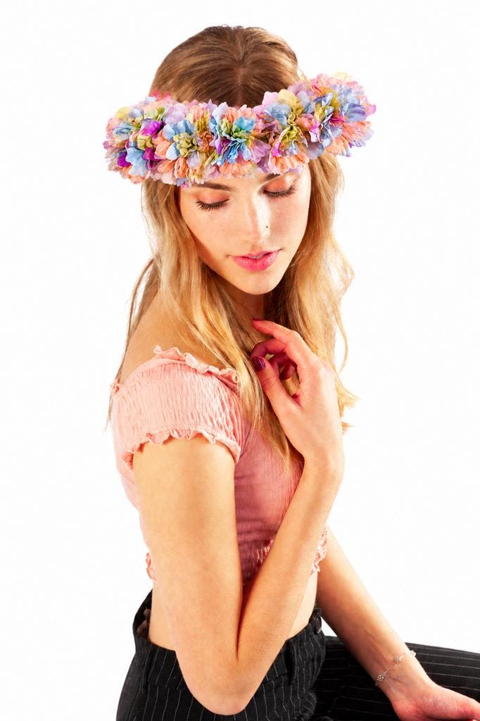 KIMU® Grote Ibiza Pastel Regenboog Bloemenkrans Haar Gekleur, Kleding | Dames, Carnavalskleding en Feestkleding, Nieuw, Ophalen of Verzenden