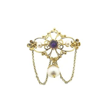 Gouden broche met parels en paarse glaskraal, Gebruikt, Paars, Ophalen of Verzenden, Met edelsteen