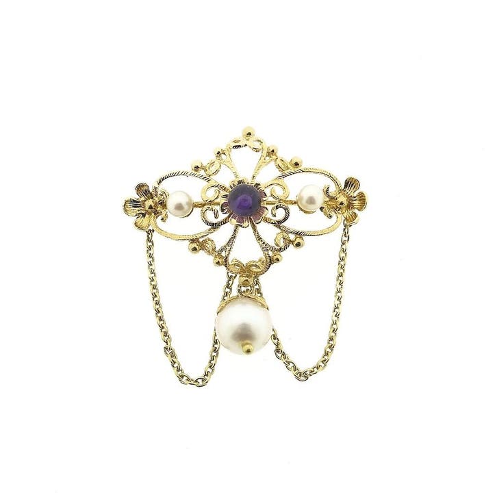 Gouden broche met parels en paarse glaskraal, Handtassen en Accessoires, Broches, Paars, Gebruikt, Met edelsteen, Goud, Ophalen of Verzenden