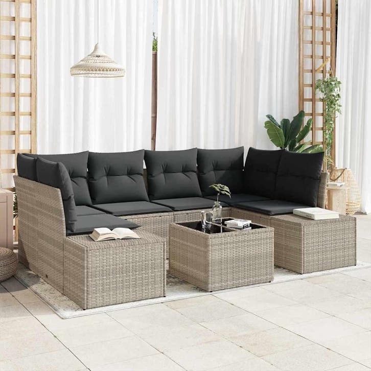 vidaXL Tuinbank Set 7 st Lichtgrijs poly rattan, Tuin en Terras, Tuinsets en Loungesets, Nieuw, Verzenden