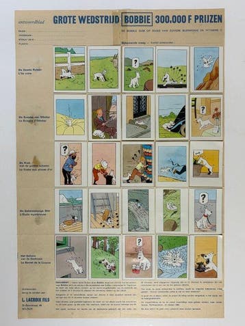 Tintin - 1 Volledig recto/verso antwoordvel met 50 originele, Boeken, Nieuw