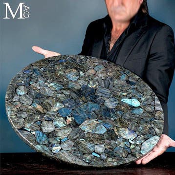 Magnifique dessus de table en labradorite mosaïque irisée -