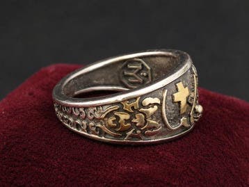 Bague symbolique maçonnique rare en argent et plaqué or 24