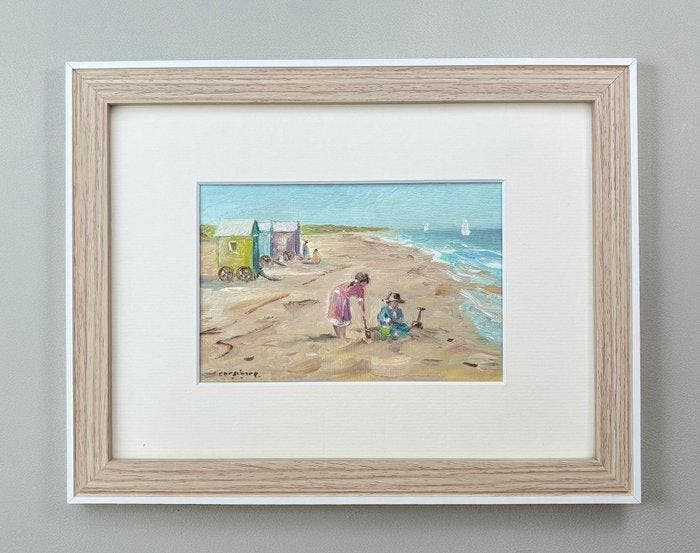 Cor Schaap (1968) - Strandgezichtje met badkoetsjes, Antiquités & Art, Art | Peinture | Classique