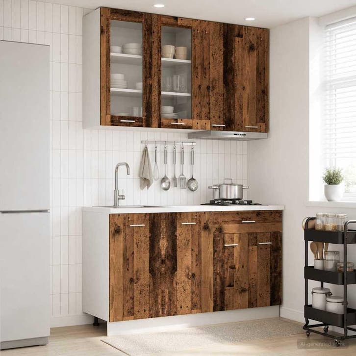 vidaXL Keukenblok LYON 4 pcs Oud hout Bewerkt hout, Maison & Meubles, Armoires | Autre, Envoi