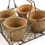 Bloempot - Terracotta, Staal - 4 potten in een draadmand