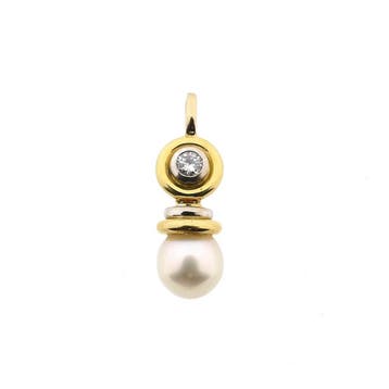 Bicolor gouden hanger met parel en diamant; 0,20 ct., Handtassen en Accessoires, Bedels, Ophalen of Verzenden, Gebruikt, Goud