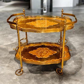 Table ambulante - Laiton doré, Noyer - Chariot-bar italien