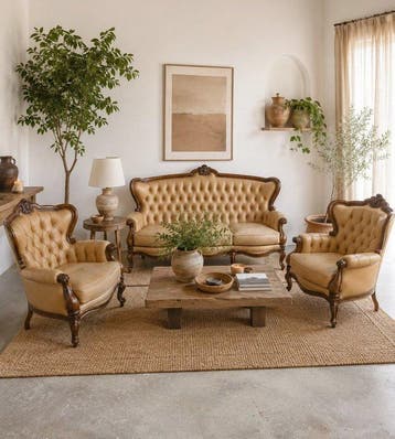 Zitgroep (3) - Leder, Hout - Vintage Chesterfield