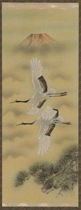 Grues volantes et Fuji rouge  - Soie - Japon - XXe