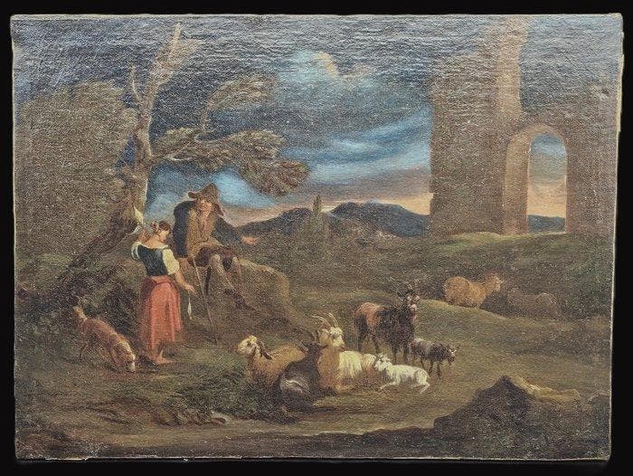 Italiaanse school (XVIII) - Pastorelli con gregge, Antiek en Kunst, Kunst | Schilderijen | Klassiek