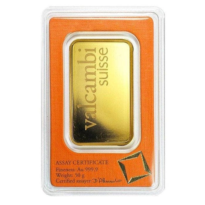 50 gram - Goud .999 - 50g .9999 Fine Gold Bar Valcambi, Postzegels en Munten, Edelmetalen en Baren