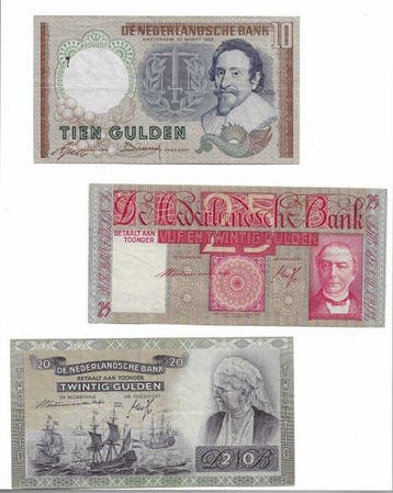 Nederland. 1940–1953 – Lot of 3 gulden banknotes – Queen