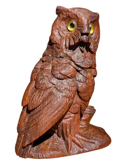 sculptuur, Antique Black Forest Owl - 13.5 cm - Hout, Glas, Antiquités & Art, Antiquités | Céramique & Poterie