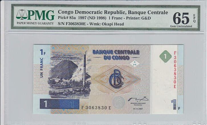 1997 Congo Democratic Republic 1 Franc Pick 85a Pmg Gem U..., Postzegels en Munten, Bankbiljetten | Europa | Niet-Eurobiljetten