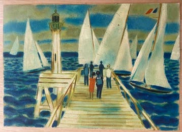 Yves Ganne (1931-2019) - Promeneurs sur la jetée, phare et, Antiek en Kunst