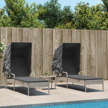 vidaXL Ligbedden 2 st met luifels en tafel poly rattan, Verzenden